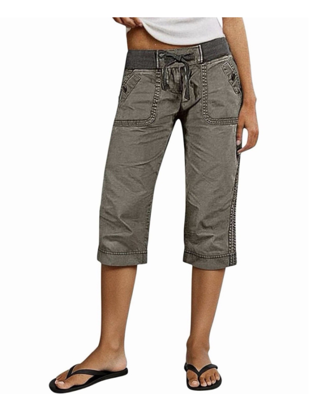 Flamingals Straight Leg High Waist Capri Pants Drawstring Button Decor M